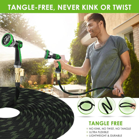 FlexiSolve non-expandable garden hose 150 ft, ultra-lightweight, black with green weave, 10-pattern spray nozzle