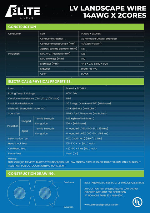 Low Voltage Landscape Wire 14 AWG 2 Conductor Direct Burial Outdoor 250ft Pure Copper UL Listed For Reliable Outdoor Lighting Setup And Smooth Signal Transmission specifications sheet.