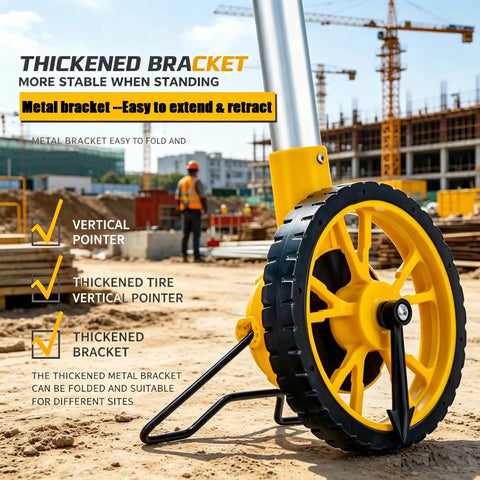 Heavy Duty Digital Measuring Wheel With Backlit Display And Folding Rollers For Surveying And Construction, showing thickened metal bracket and tire.