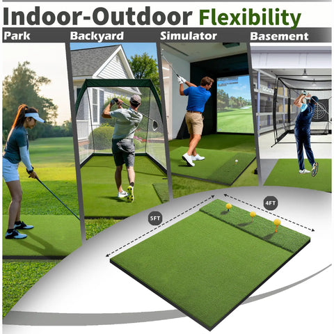 Flexible use of Premium Dual Turf Golf Mat 5x4ft Thick 1.57in showing practice in park, backyard, simulator, and basement.