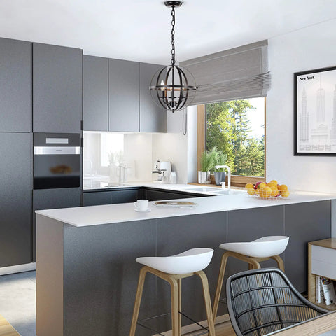 Oil Rubbed Bronze Orb Chandelier, Dope 3 Light Small Pendant For Dining Rooms hanging over modern kitchen island.