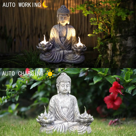 Chill Zen Buddha Statue With LED Solar Lotus Lights, resin Sakyamuni figurine outdoors, night and day views, 9x8.2x4.5 inches