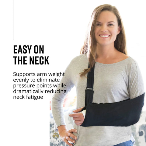 Super Comfy Adjustable Arm Sling For Shoulder Elbow Support With Soft Lightweight Fabric on a woman, featuring quick hook loop closure.