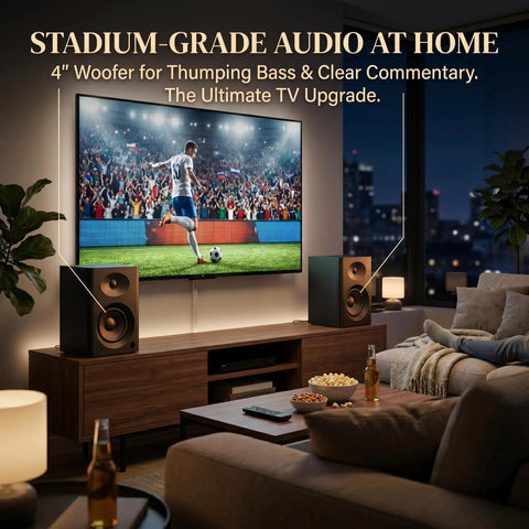 Living room setup with TV and 80W Peak Bluetooth 5.3 Bookshelf Speakers With 4 Inch Woofer and 1 Inch Silk Dome Tweeter