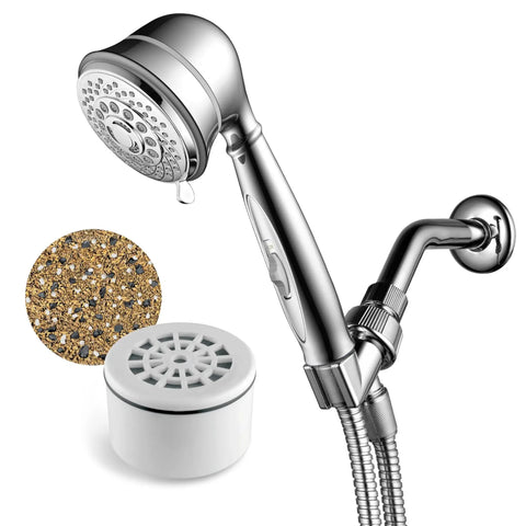 Replacement Enriched KDF Cartridge For Compact Universal Shower Filter And Filtered Handheld Or Fixed Shower Heads, shown with cartridge