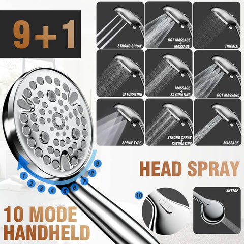 9 Inch Wall Mounted Rain Shower System With 10 Settings Shower Head High Pressure Water Saver Includes Handheld Sprayer And Valve Brushed Gold Finish For Spa Like Home Shower, showing 10 mode handheld spray options.