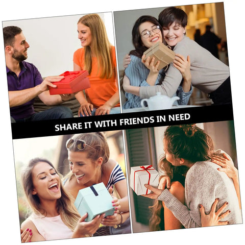 People exchanging gift boxes in various settings, promoting sharing with friends