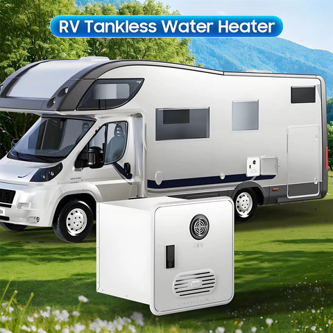 12 Volt Propane Tankless Water Heater For RV Camper, compact design alongside an RV for efficient hot water service.