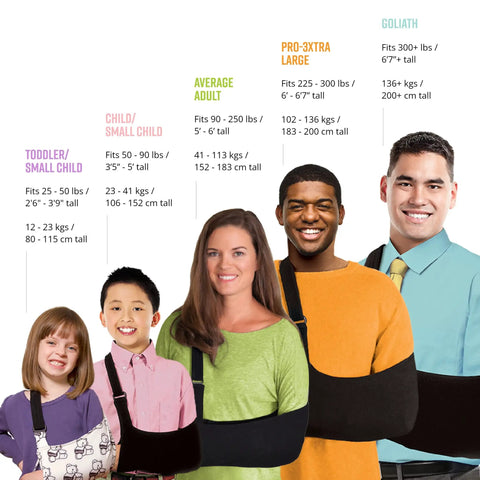 Super Comfy Adjustable Arm Sling For Shoulder Elbow Support With Soft Lightweight Fabric for various sizes and age groups.
