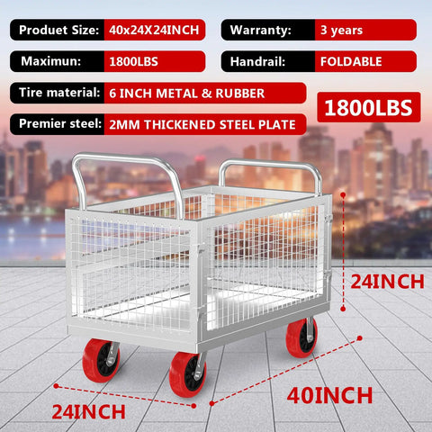 Rugged Beefy Heavy Duty 5in1 Platform Truck With Steel Cage 40x24 Inch Industrial Hand Cart And Rolling Dolly Supporting 1800 Pounds.