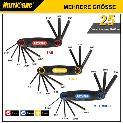 Foldable 25 Piece Hex Key Set With SAE Metric Torx 270 Degree Swivel For DIY, showing SAE, Torx, and Metric keys layout
