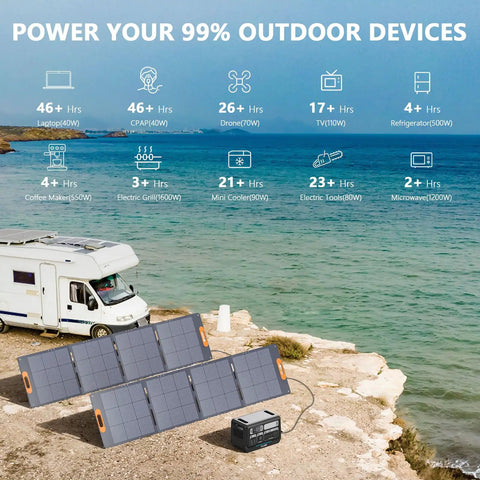 2400W LiFePO4 Portable Power Station With 2048Wh Solar Generator beside camper van by ocean