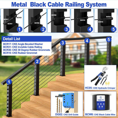 Diagram showing metal black cable railing system with CKE hardware, drill guide, hydraulic crimper, and 1000 ft wire spool.