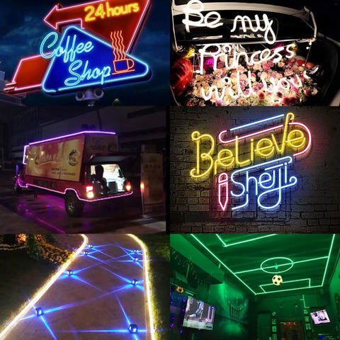 RGB LED Neon Rope Light Strip 10m Waterproof Dimmable With 24 Key Remote AC110120V displayed in various neon signs and decorations