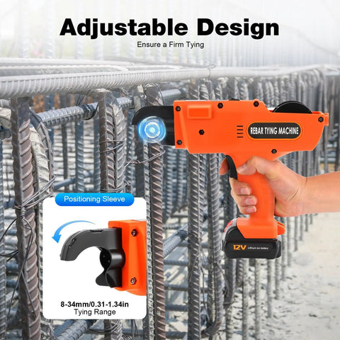 Electric Rebar Tier Gun 8mm To 34mm Automatic Tying Tool For Reinforcing Bar Pro Grade Lightweight Cordless Rebar Tying Machine With 12V Battery Easy One Hand Operation Orange in use