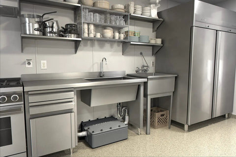 Industrial kitchen with AquaSpec Wall Mount Service Sink Faucet With Vacuum Breaker Pail Hook And Wall Brace Chrome Finish