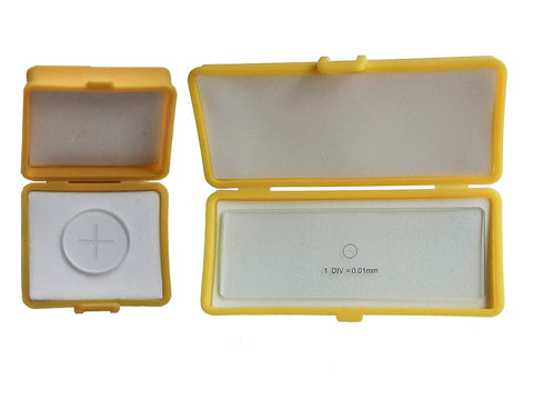 0.01mm Stage Micrometer And 0.1mm Ocular Micrometer For Microscope Precision Measurement, Optical Glass 75mm By 25mm By 1mm, High Accuracy Lab Microscope Micrometer Set, in yellow case