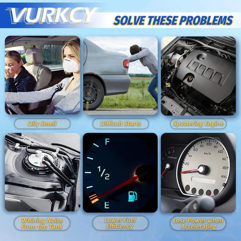 Collage showing car issues like oily smell, difficult starts, sputtering engine, whining noise, low fuel efficiency, and power loss