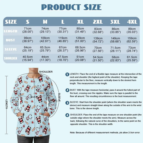 Moisture Wicking Scrub Jacket For Women With Pockets Snap Front Easy On Off Panda Print size chart and measurement guide.