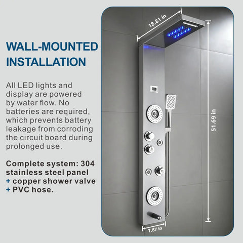 Straight Up Premium Stainless Steel Shower Panel Tower With Led Waterfall Shower Head And 6 Function Bathroom Faucet Featuring Body Jets In Brushed Nickel showing wall-mounted installation and dimensions.