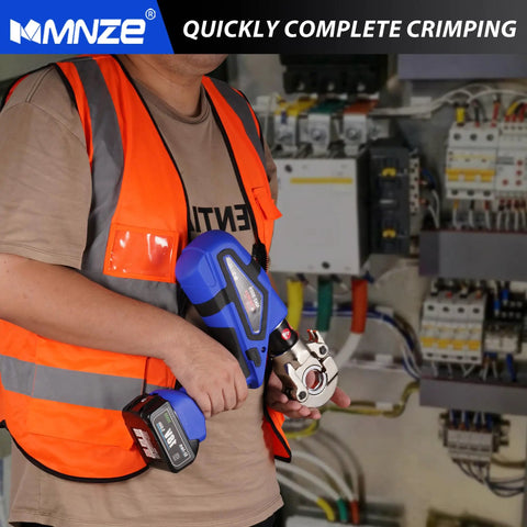 Worker holding Straight Up Electric Hydraulic Cable Lug Crimper Pliers with a blue body, ready for heavy duty wire termination.