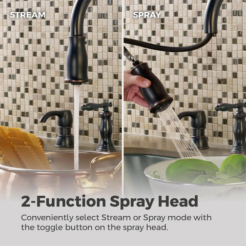 Hanover Kitchen Sink Faucet With Pull Down Sprayer And Soap Dispenser, Two-Handle High Arc Design, stream and spray mode view