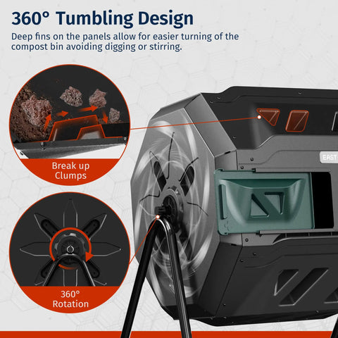 360° view of Dual Chamber Compost Bin With Two Sliding Doors And Aeration System, 43 Gallon Tumbling Rotating Composter for garden use
