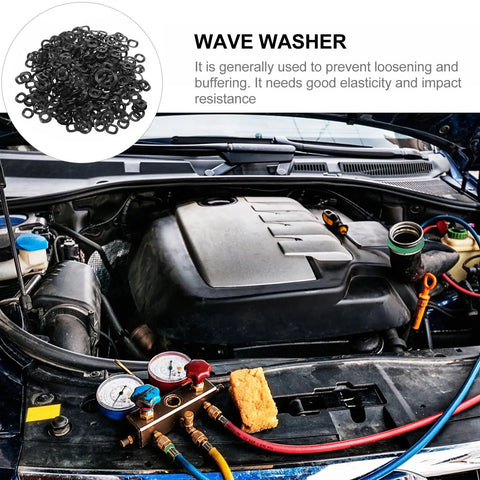 Three Wave Spring Metal Gasket Washers Kit 4x8x0.3mm For Machine And Industrial Fastening, Beefy Heavy Duty Wavy Washers For Electrical Connections, 500 Piece Set, Reliable Vibration Dampening And Tight Seals. Black wave washers for car engine bay use
