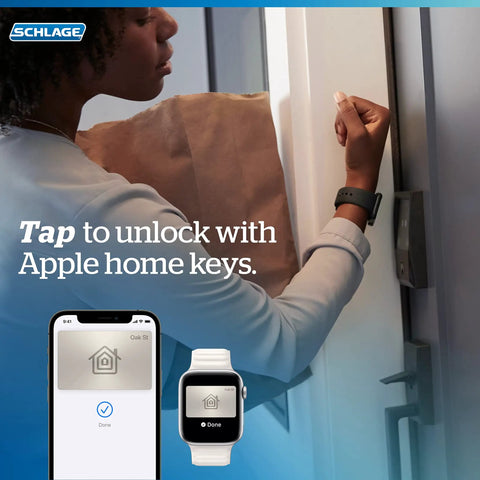 Person using Apple Watch to unlock Rock Solid Smart WiFi Lock For Front Door Keyless Entry Deadbolt with a paper bag.