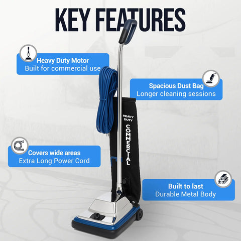 Heavy Duty 12 Inch Commercial Vacuum Cleaner With Shake Out Bag For Carpets And Hard Floors features chrome hood and durable design.