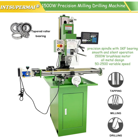 IntSupermai 1500W Brushless Vertical Mill Drill Machine R8 Taper 50-2250 RPM Variable Speed on green benchtop with control panel.