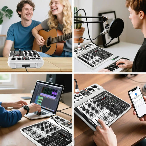 Collage showcasing 4 Channel DJ Mixer With Bluetooth And USB MP3 Input 48V Phantom Power For various uses including guitar and keyboard.