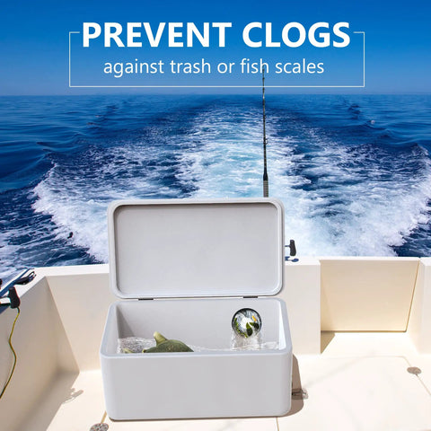 Open livewell on boat with text 'Prevent clogs against trash or fish scales' showing ocean. For 3/4 Inch Stainless Steel Mesh Strainer Screw On Filter For Livewell Pumps And Drains No Nonsense Debris Guard Keeps Trash And Fish Scales From Clogging.