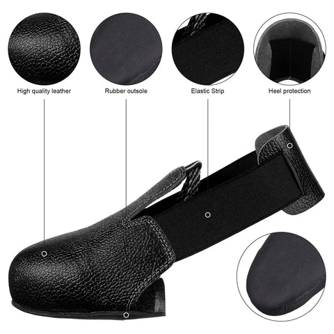 Crush Proof Steel Toe Caps One Pair Universal Overshoe Protectors with snug adjustable strap and rubber outsole. Side view showcasing leather material.