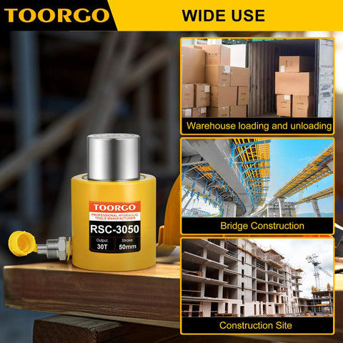 Tough As Nails 30 Ton Hydraulic Cylinder With Two Inch Auto Retracting Stroke, Portable Alloy Steel Ram Jack for moving heavy loads in construction.