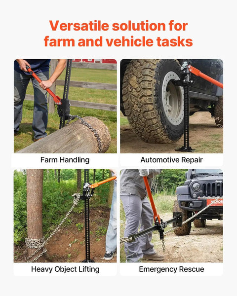 Image showcasing 48 Inch High Lift Farm Jack Featuring A Badass 7000 Pound Ratcheting Build in various tasks like lifting logs and automotive repair.