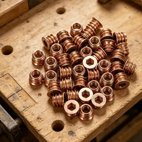 Copper-colored M6x10mm Countersunk Flange Wood Nut Inserts for Cabinets and Desks displayed on wooden workbench