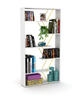 Six Tier White And Yellow Bookcase Storage Shelf With Industrial Display Vibe holding books and decor, dimensions 8 X 33 X 62 cm