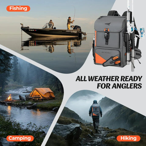 Collage showing all weather fishing tackle backpack with four waterproof tackle boxes for outdoor activities like camping and hiking.