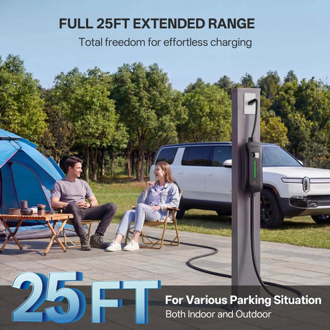 Level 1 And Level 2 J1772 EV Charger With 25 Foot Extension Cord in outdoor setup with car and tent nearby