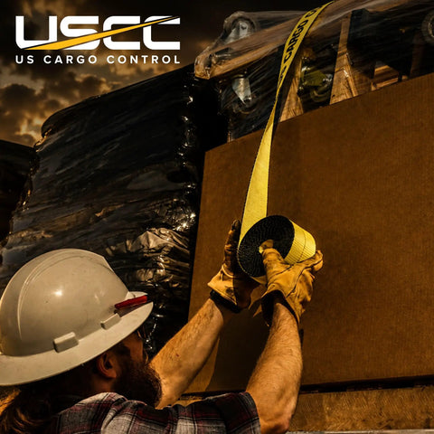 Worker securing cargo using Replacement Fixed Ends For Ratchet Straps 4 Inch By 11 Inch 2 Pack Tough As Nails 5400 Lbs
