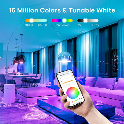 Smart LED Bulbs That Play Nice With Alexa And Google Home, No Hub Needed, in a colorful living room with mobile app control