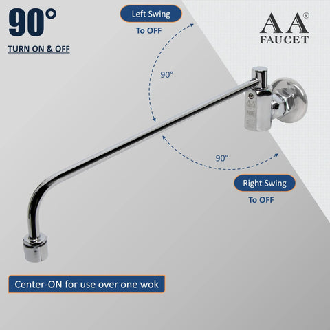 Center On Automatic Wok Range Faucet With Fourteen Inch Spout, Three Eighth Inch NPT Inlet, Wall Mount, Chrome Finish, 90° rotation
