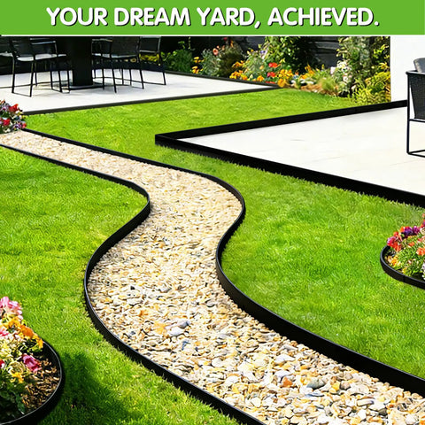 Curved path with No Dig Garden Edging Kit 2 Inch Tall 20 Foot Border With 20 Stakes, defining stone walkway and lawn edges.