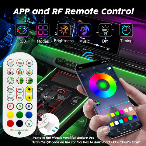 Car Interior LED Light Strips With App Control And RF Remote 2 In 1 Ambient Lighting Using 157 Inch Fiber Optic EL Wire