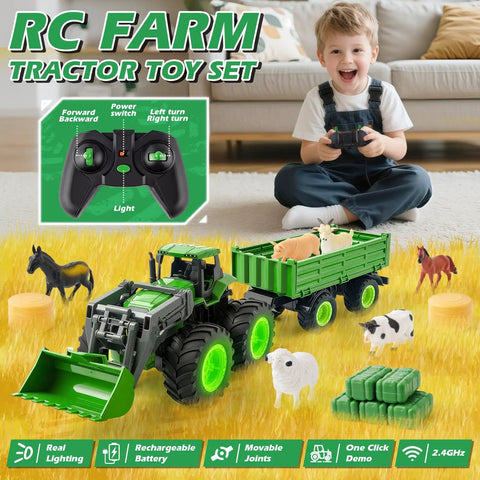 Kid Friendly Upgrade Remote Control Tractor Playset With Front Loader Trailer And Working Lights 2.4GHz RC Farm Vehicle