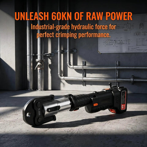 Powerful 18V Cordless Pipe Crimping Tool For Pex And Copper Lines, showing sleek design and heavy duty high carbon steel jaw.