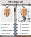 Comparison of dog paws on sliding barn door showing anti-scratch features versus scratched surface with benefits listed.