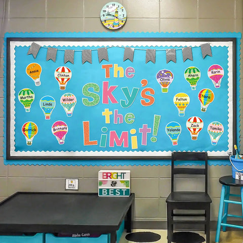 Classroom bulletin board with Colorful Hot Air Balloon Cutouts Set for Classroom Decor 36 Pieces in 9 Designs with Glue Dots displayed.