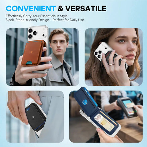 Genuine Leather Magnetic Wallet for MagSafe with Stand, 6 Card Slots, RFID Blocking, slim design on iPhone 12-17 Series